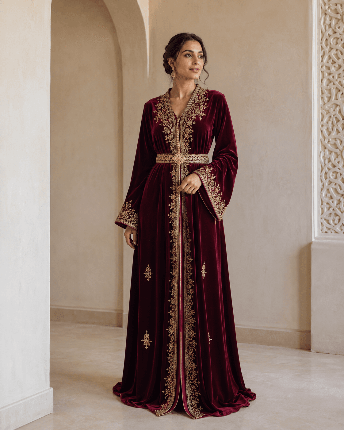 Femme portant une takchita bordeaux contemporaine